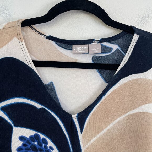 Chicos Travelers Womens 12/14 Floral Tunic Top Slinky Stretch Knit Shirt V Neck - Picture 8 of 10